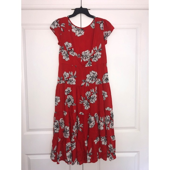 Free People Midi Dress with Open Back Red Floral - Picture 4 of 5